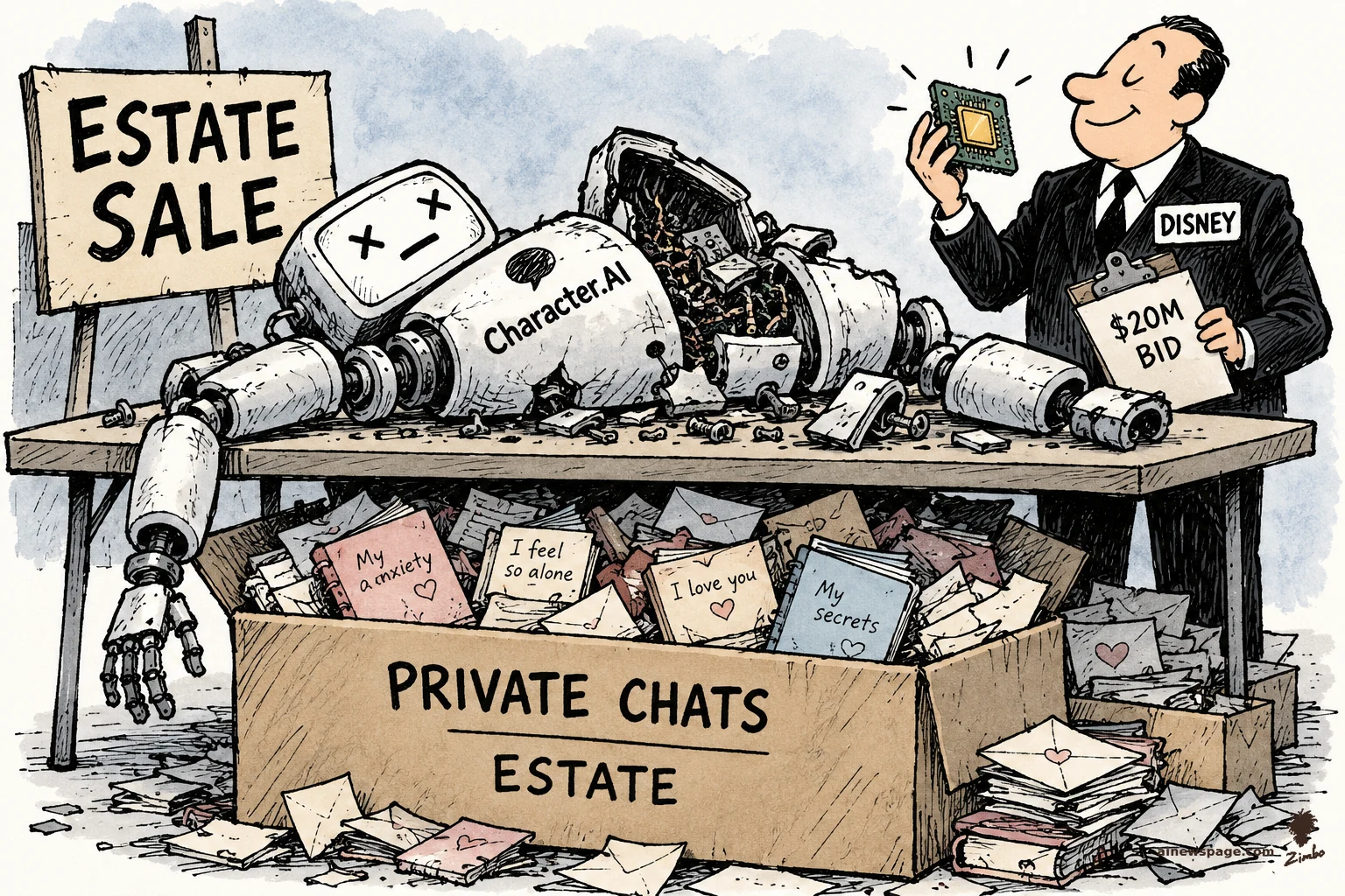AI cartoon by Zimbo: Satirical cartoon: a broken dead robot labeled "Character.AI" lies on an "ESTATE SALE" table while a smiling buyer with a "DISNEY" badge holds a "$20M BID" clipboard; a box marked "PRIVATE CHATS — ESTATE" overflows with confessional notes.