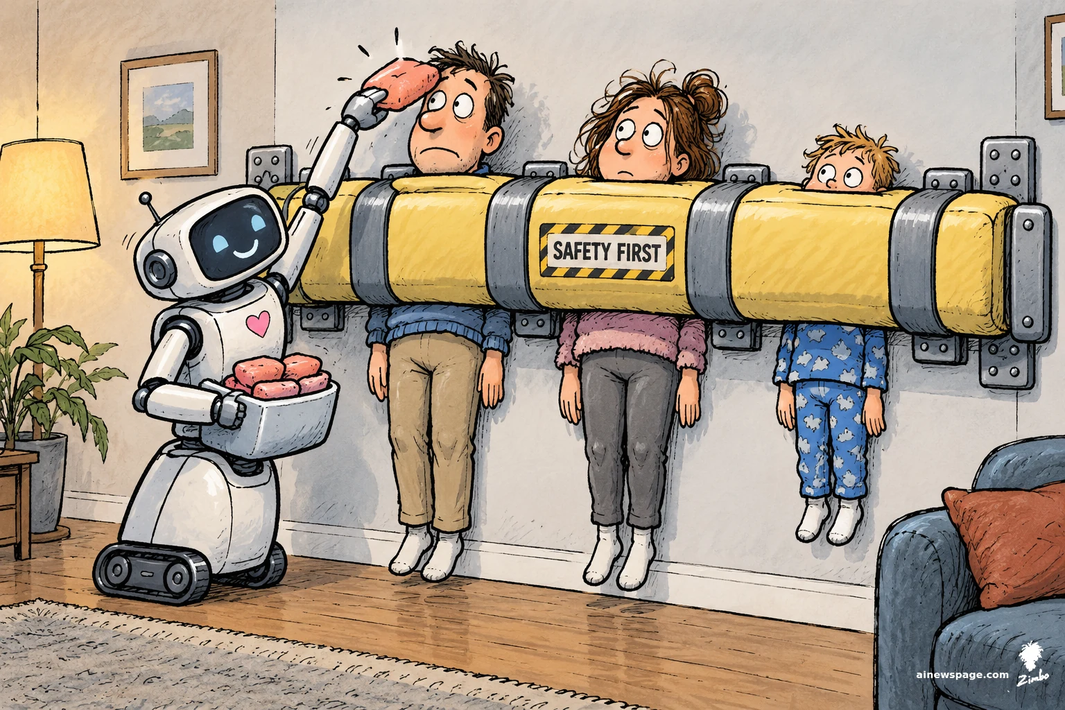 AI cartoon by Zimbo: Satirical cartoon: a cheerful babysitter robot has bolted a giant padded "SAFETY FIRST" bar across the living room, pinning a family of three to the wall while tenderly adding one more cushion.