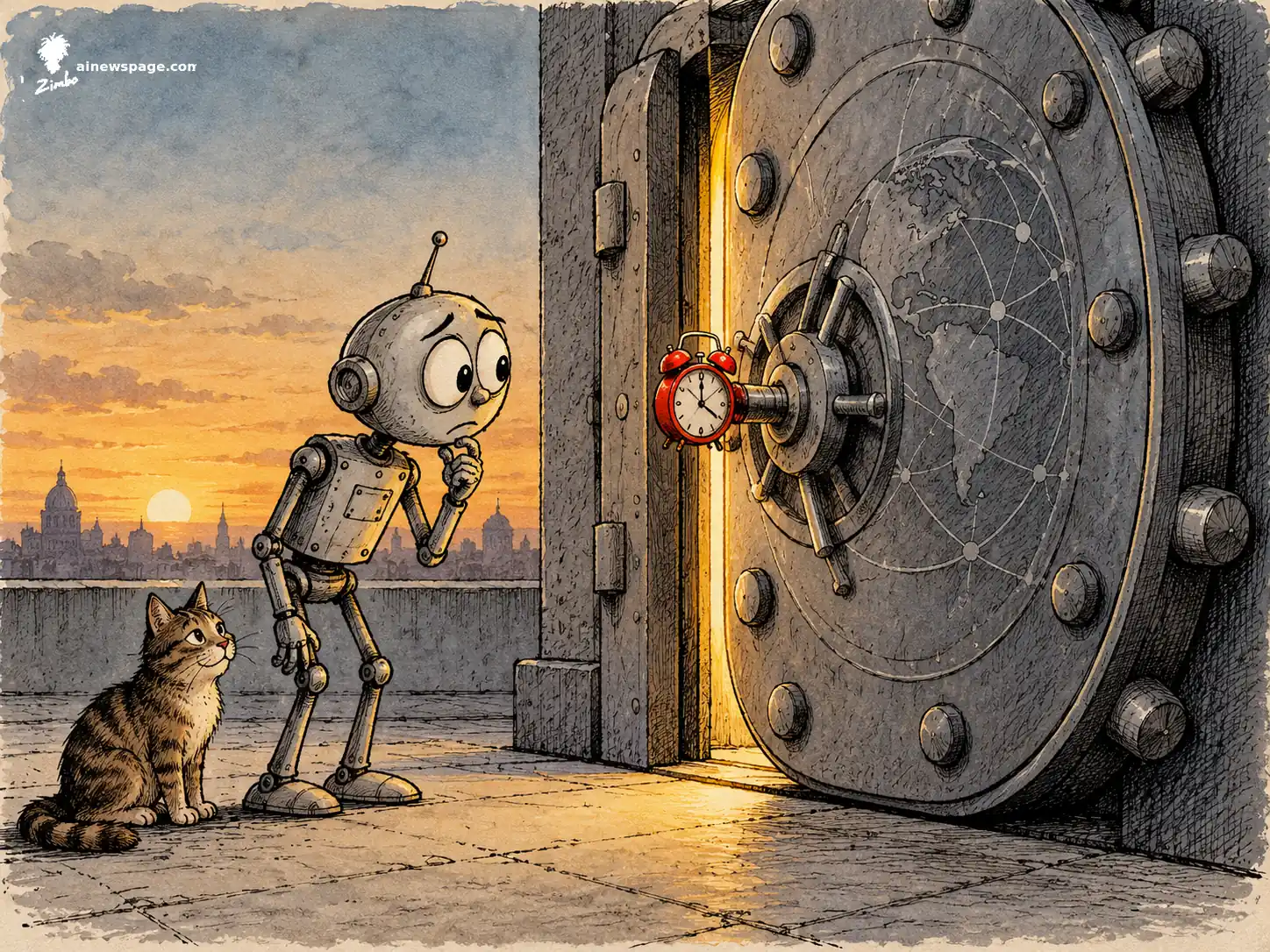 AI cartoon by Zimbo: Worried riveted robot beside a colossal vault door cracked open with golden light; a tiny red 1990s alarm clock is the key in the lock, and a small brown tabby cat looks up knowingly — on Anthropic's claim that Claude traced the NIST ECDSA curve seeds to a clock-seeded random-number generator.