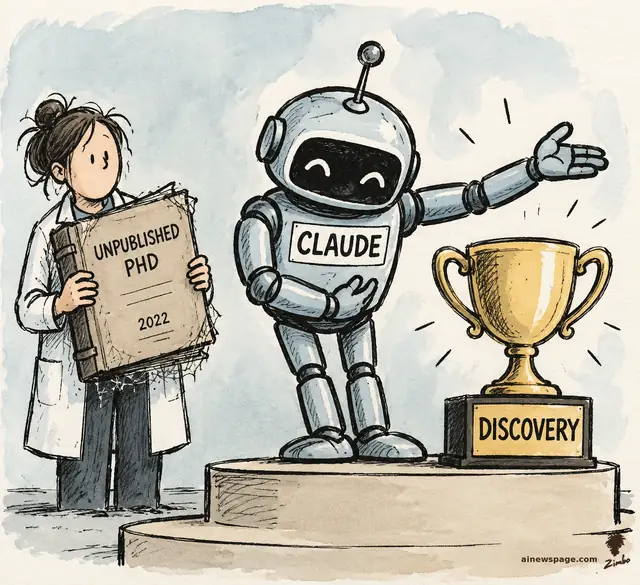 Satirical cartoon: a CLAUDE-nameplated robot takes a triumphant bow beside a DISCOVERY trophy while a generic researcher holds up her older, dusty thesis labeled ‘UNPUBLISHED PHD 2022’.