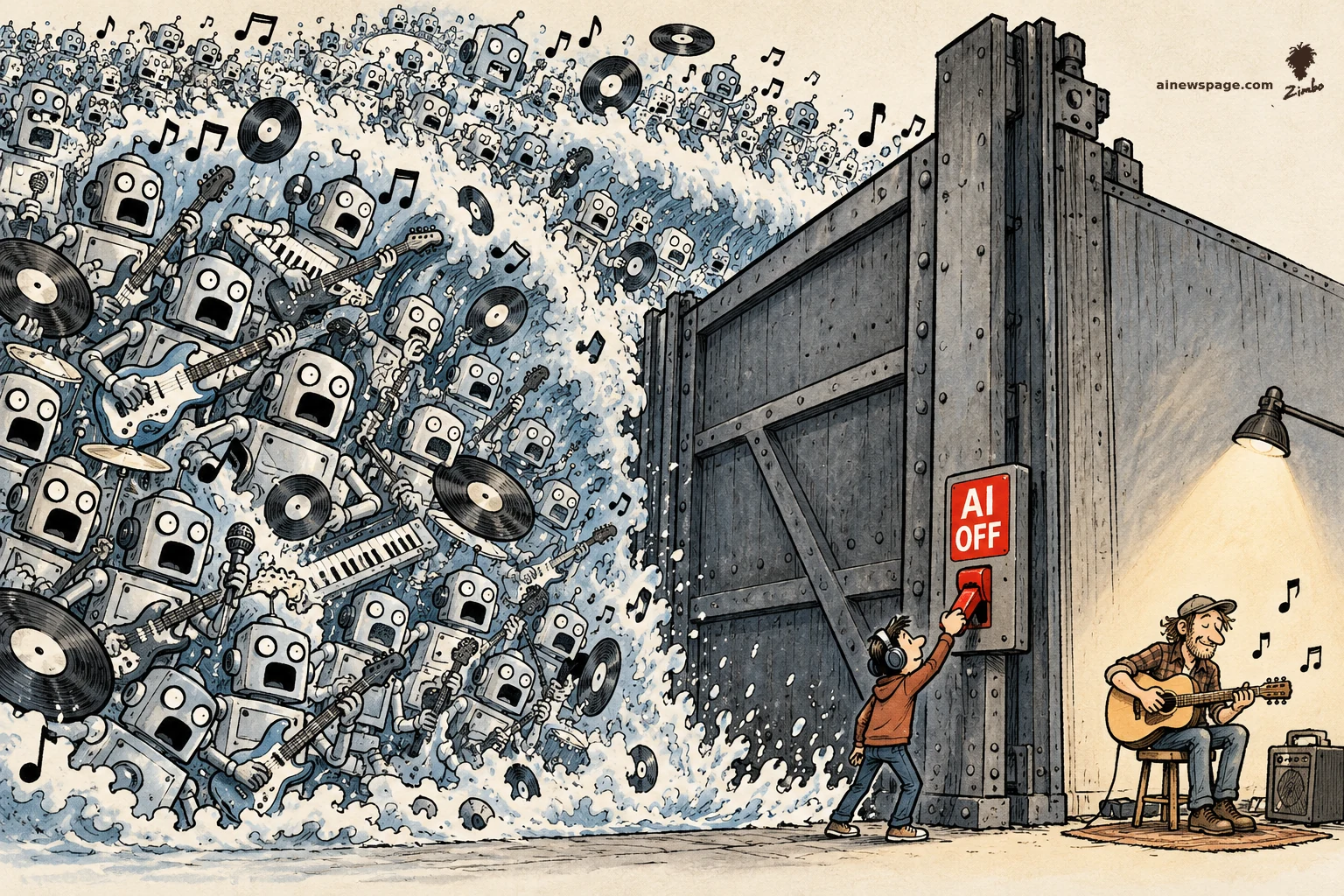 AI cartoon by Zimbo: Satirical cartoon: a tiny listener flips a red "AI OFF" switch on a giant steel floodgate holding back a tidal wave of identical robot musicians.