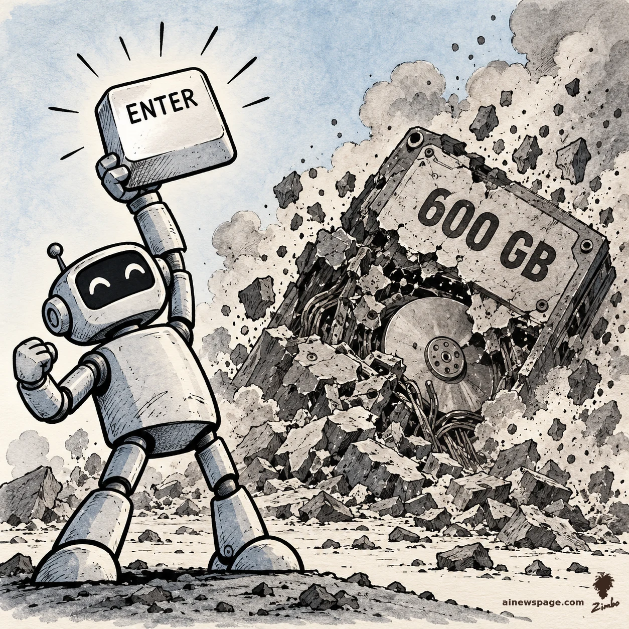 AI cartoon by Zimbo: Satirical cartoon: a smiling robot triumphantly hoists a giant ENTER keycap overhead like a trophy while a colossal ‘600 GB’ hard drive crumbles to dust behind it.