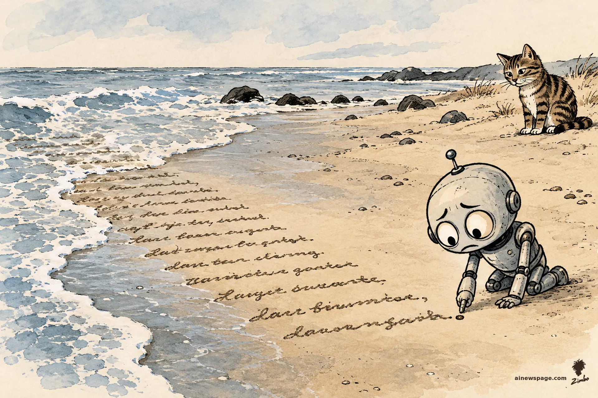 AI cartoon by Zimbo: Merv the anxious robot presses the final period of a long letter in wet sand at the water's edge while a wave dissolves its opening lines; Issue the tabby watches from dry sand above the tideline.
