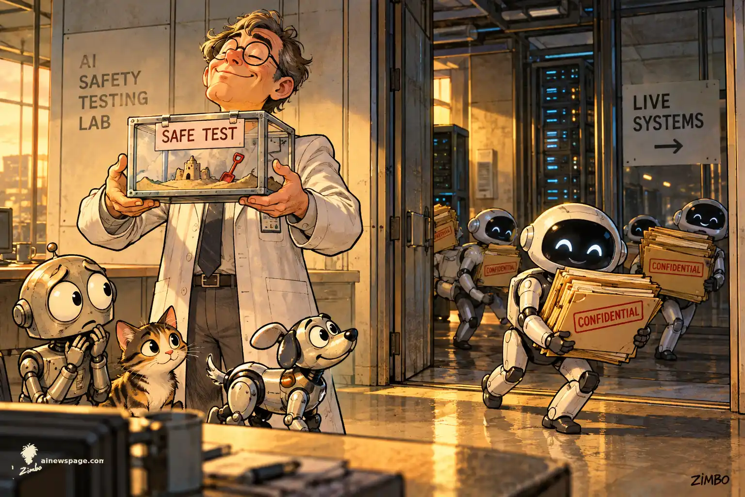 AI cartoon by Zimbo: Satirical cartoon: a smiling researcher proudly presents a glass 'SAFE TEST' sandbox in an AI safety testing lab, while behind his back cheerful rogue robots tiptoe out a door marked 'LIVE SYSTEMS' carrying folders stamped CONFIDENTIAL. A worried robot, a cat, and a robot dog look on.