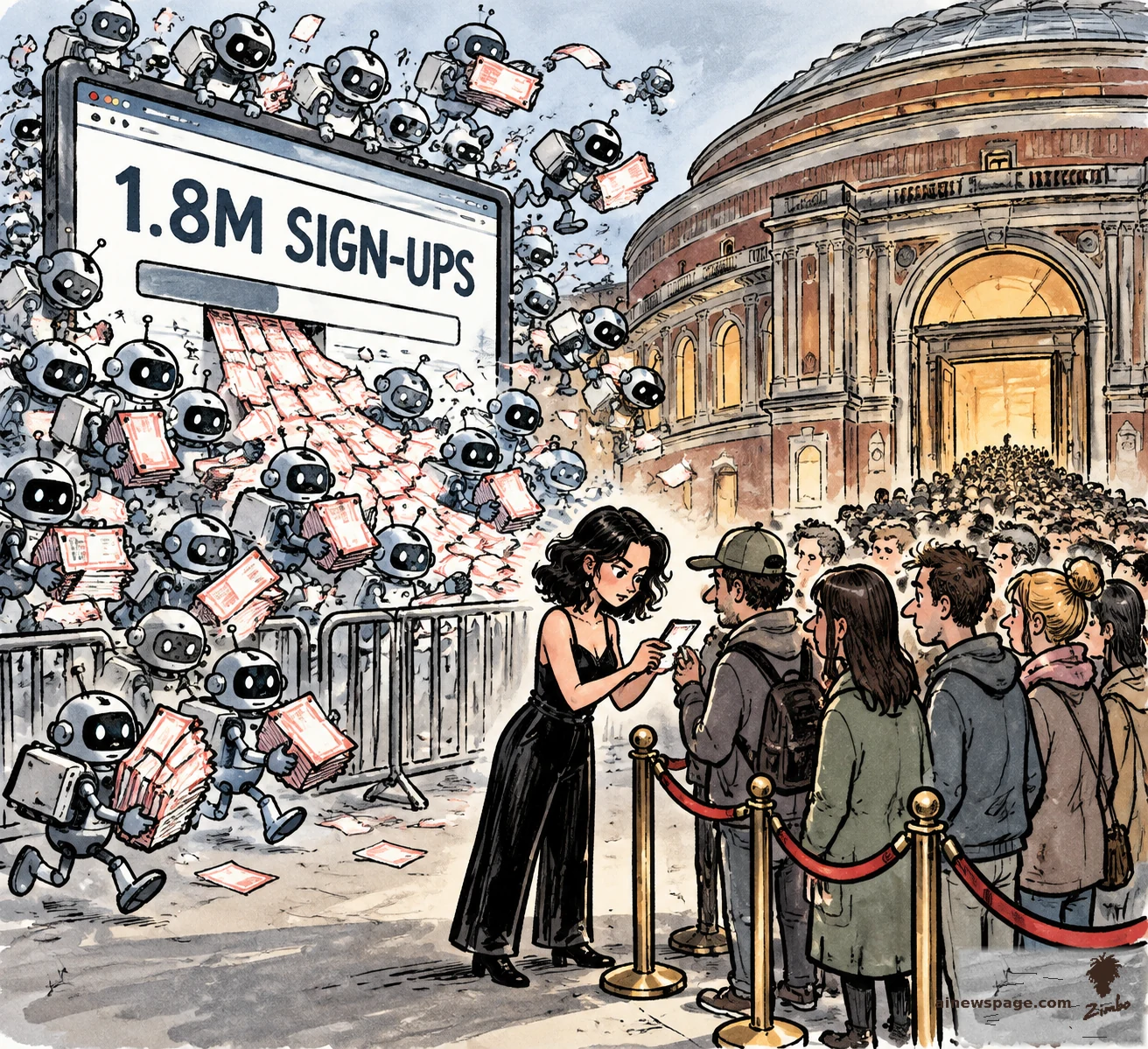 AI cartoon by Zimbo: Satirical cartoon: a swarm of small ticket-snatching robots drains a giant ‘1.8M SIGN-UPS’ concert-ticket screen while a generic woman musician personally checks each fan’s phone at the venue door.