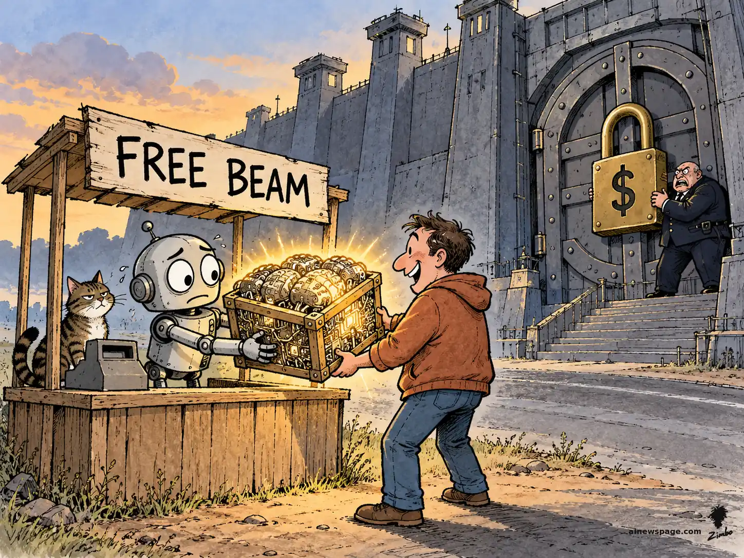AI cartoon by Zimbo: Satirical cartoon: Merv the worried robot hands a glowing crate of AI models from a lemonade-style stand signed FREE BEAM to a delighted developer, while a suited warden clutches a giant gold dollar padlock on a fortress vault door behind them. A knowing tabby cat watches from the stand.