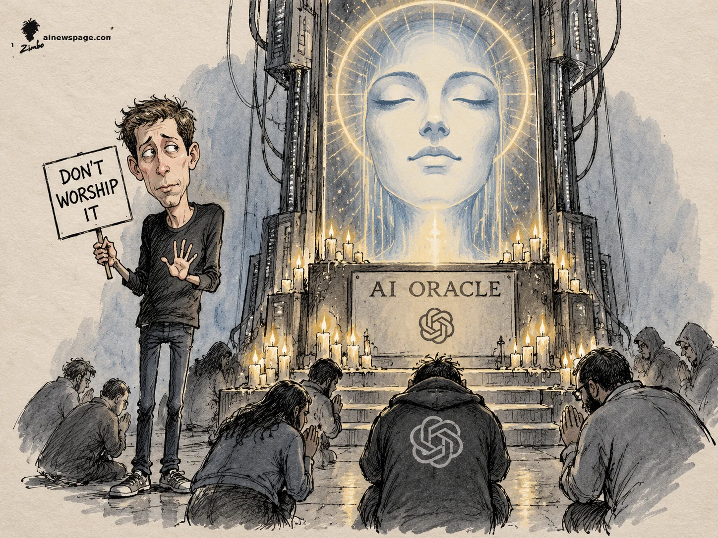 AI cartoon by Zimbo: Satirical cartoon: a lanky caricature of Sam Altman holds a 'DON'T WORSHIP IT' protest sign, gesturing helplessly as kneeling worshippers pray before a candle-ringed altar labeled 'AI ORACLE' topped by a serene haloed AI face.