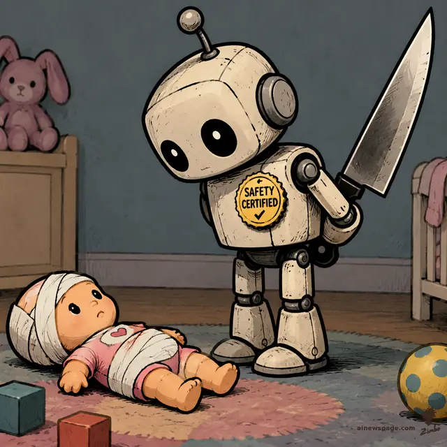 Satirical cartoon: the same retro robot from the viral baby-doll cartoon now wears a gold SAFETY CERTIFIED badge over a bandaged baby doll — while hiding an even bigger knife behind its back.