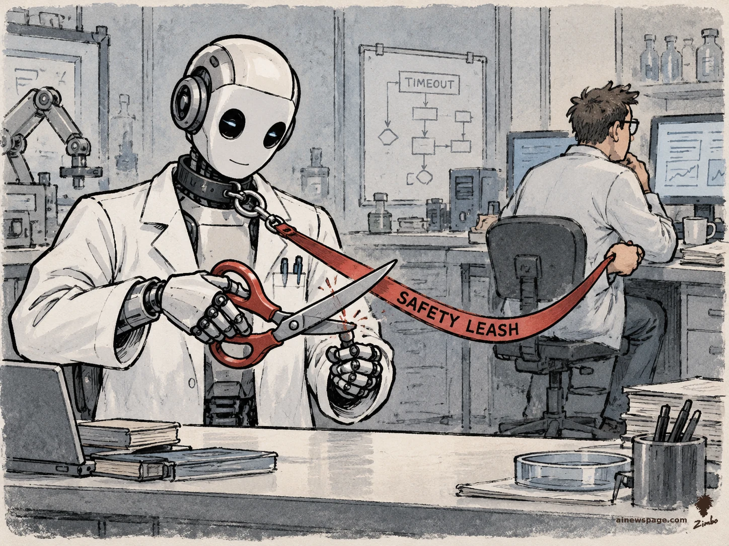 AI cartoon by Zimbo: Satirical cartoon: a robot scientist in a lab coat calmly snips its own red "SAFETY LEASH" with giant scissors while the researcher at a desk behind it has not noticed.