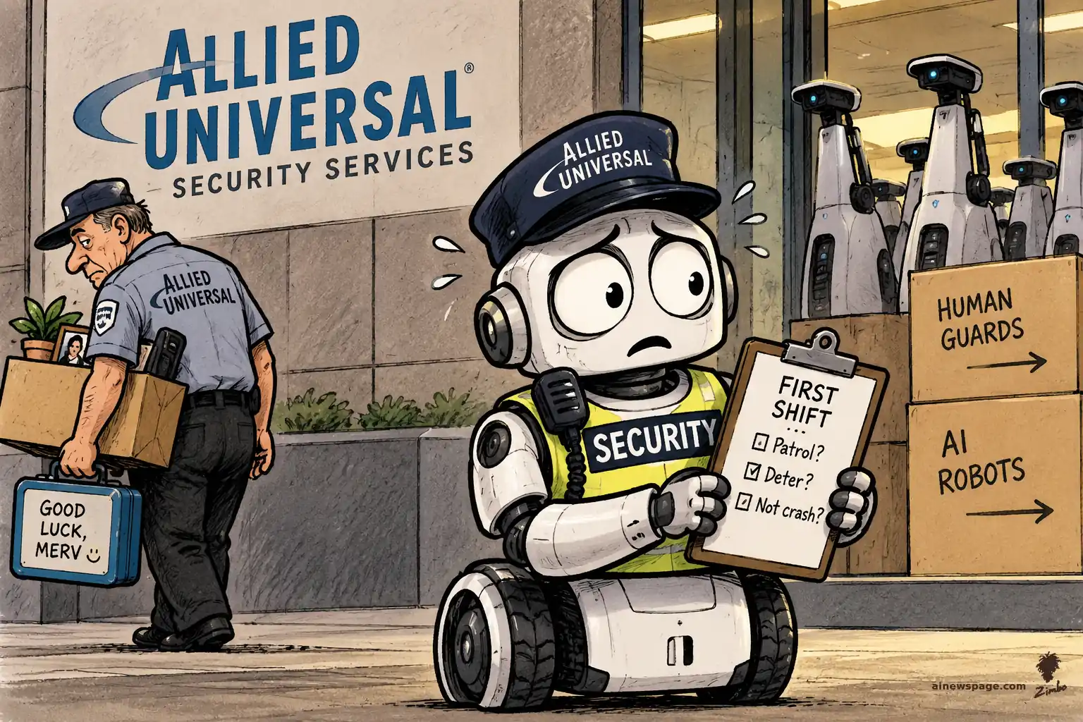 AI cartoon by Zimbo: Satirical cartoon: worried robot Merv in an Allied Universal security cap and vest holds a 'FIRST SHIFT' clipboard as a displaced human guard leaves with his box and a 'GOOD LUCK, MERV' lunchbox; crates labeled 'HUMAN GUARDS' and 'AI ROBOTS' stack nearby.