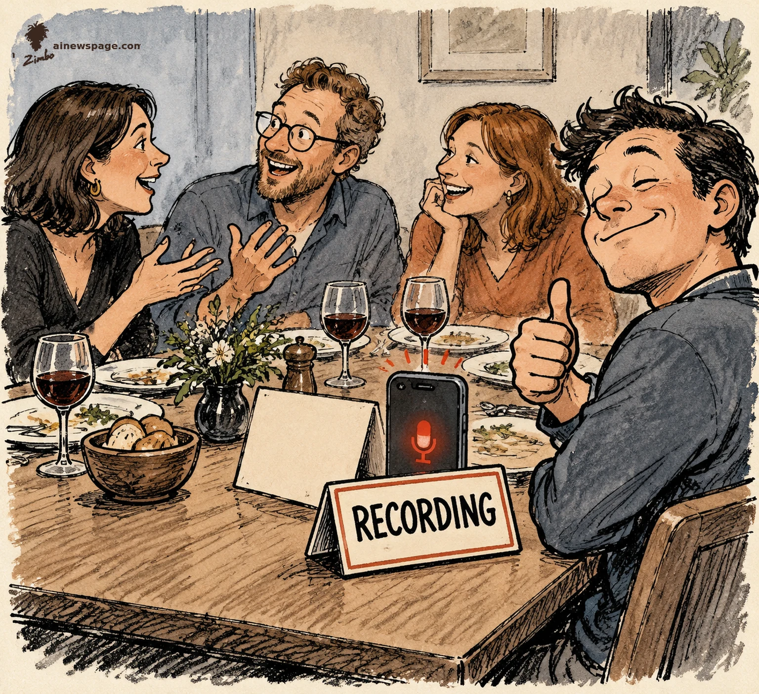 AI cartoon by Zimbo: Satirical cartoon: a smug dinner guest gives a thumbs-up beside his recording smartphone while a tabletop RECORDING sign faces only him; three other diners see only its blank back and chat on unaware.