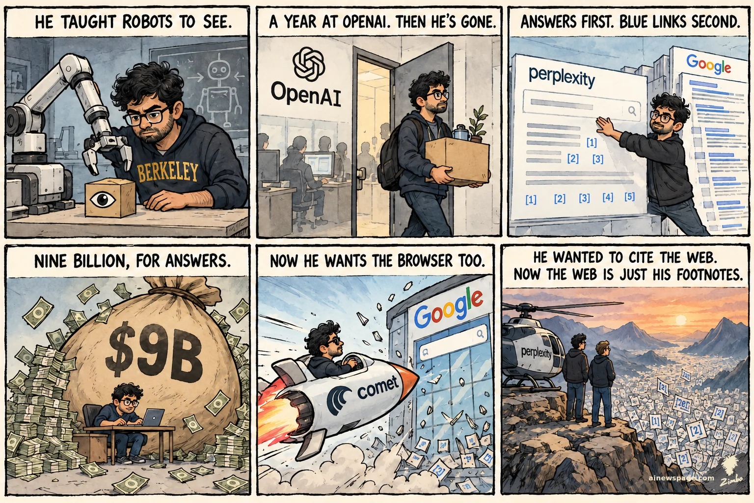 AI cartoon by Zimbo: Srinivas life strip: Berkeley robot PhD; a year at OpenAI, then gone; Perplexity footnotes vs Google blue links; $9B money sack; Comet rocket hits Google; finale: Srinivas and Yarats by helicopter gaze at a footnote valley — HE WANTED TO CITE THE WEB. NOW THE WEB IS JUST HIS FOOTNOTES.