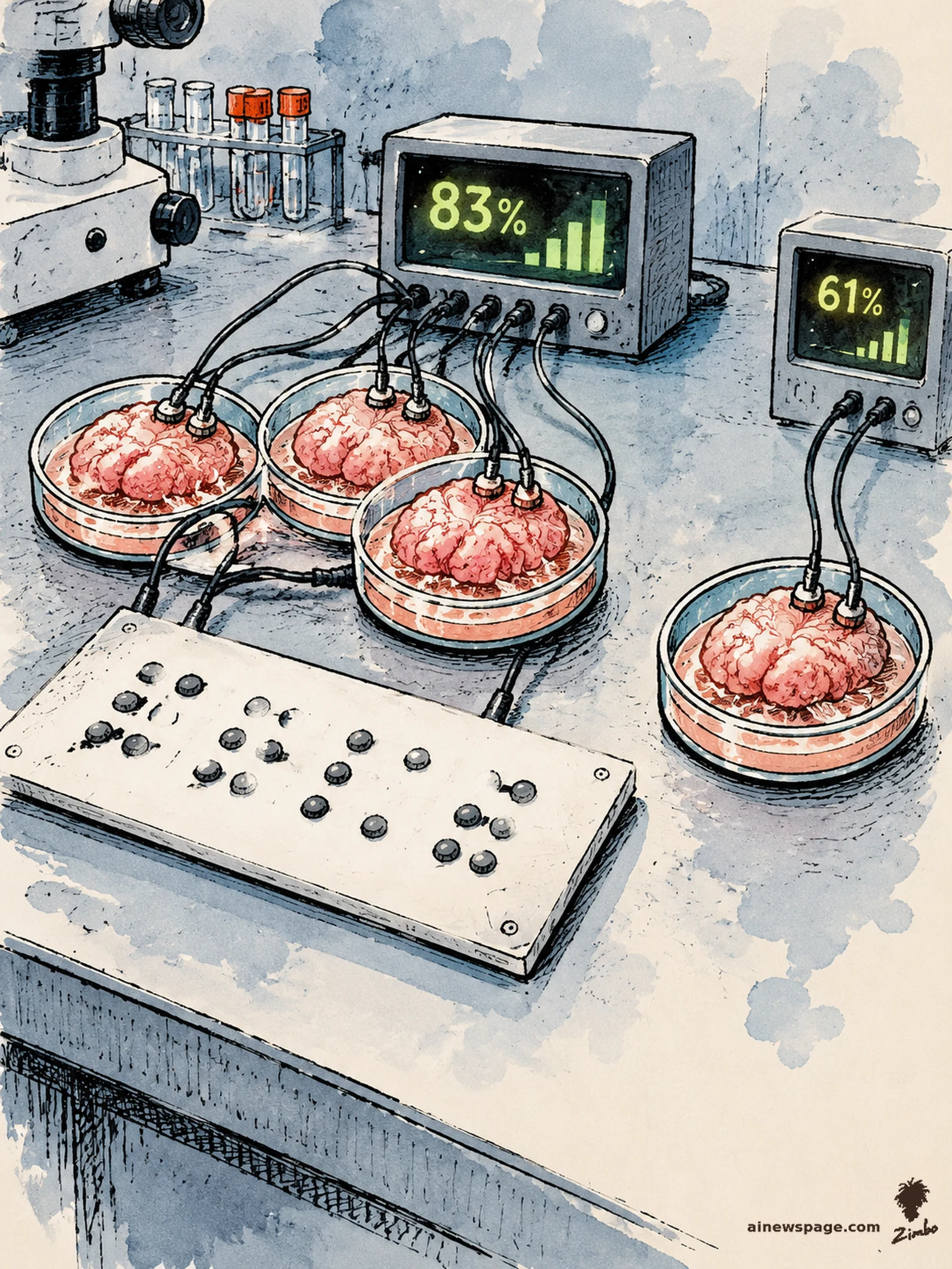 AI cartoon by Zimbo: Satirical cartoon: three petri dishes of pink brain tissue wired together to an 83% readout huddle like a study group over a Braille input board, while a lone fourth dish wired to a 61% readout sits apart.