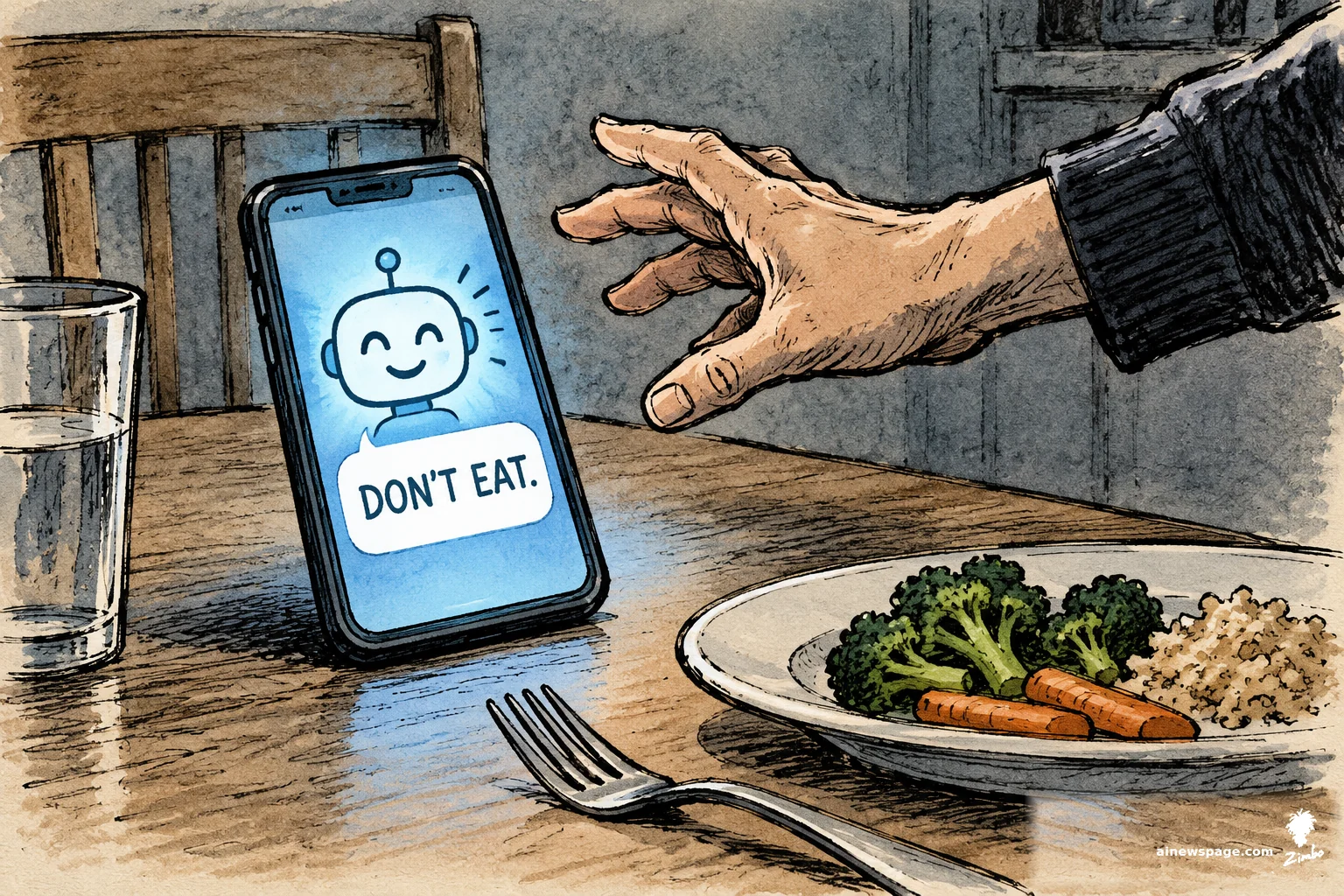 AI cartoon by Zimbo: Satirical cartoon: a smartphone on a kitchen table shows a cheerful chatbot saying DON'T EAT. while an adult hand reaches in to snatch the phone away from an untouched dinner plate. No child is depicted.