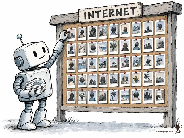 Satirical cartoon: a cheerful retro robot pins Polaroid photos of strangers' faces, pets, and landscapes to a tall wooden bulletin board topped with a sign reading INTERNET, holding a stack of more photos.