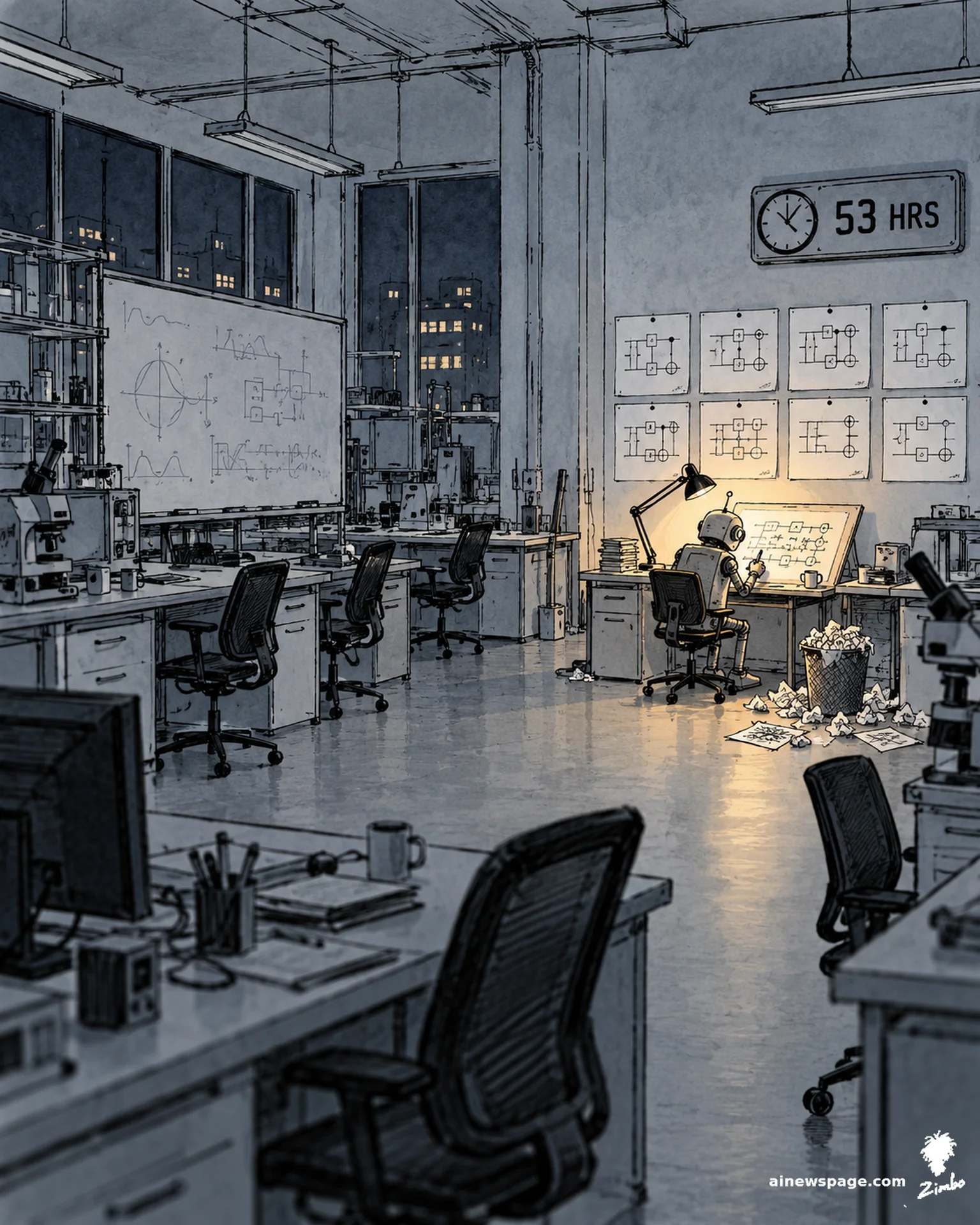 AI cartoon by Zimbo: Satirical cartoon: a small robot works alone at a drafting desk in an empty night-time laboratory, drawing redesigned quantum circuit diagrams under a desk lamp beneath a wall sign reading 53 HRS, surrounded by pinned circuit diagrams.
