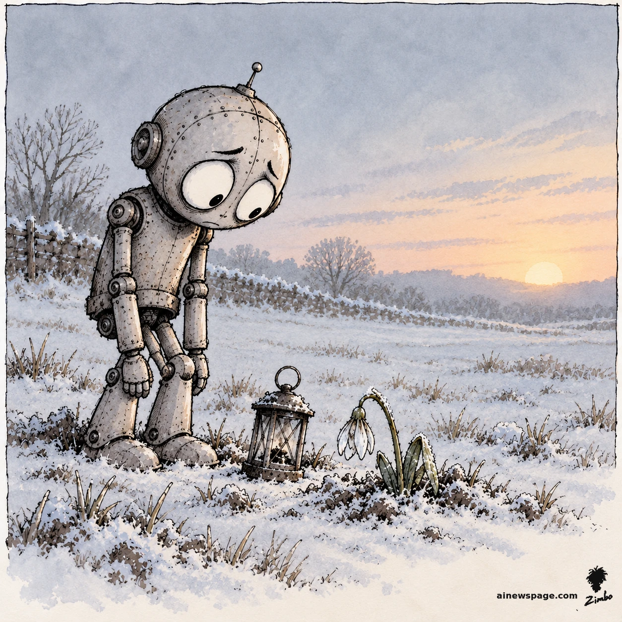 AI cartoon by Zimbo: Merv the anxious robot stands hunched over a drooping snowdrop in a snowy field at dawn, a snuffed lantern at his feet; he kept the watch all night and the frost won anyway.