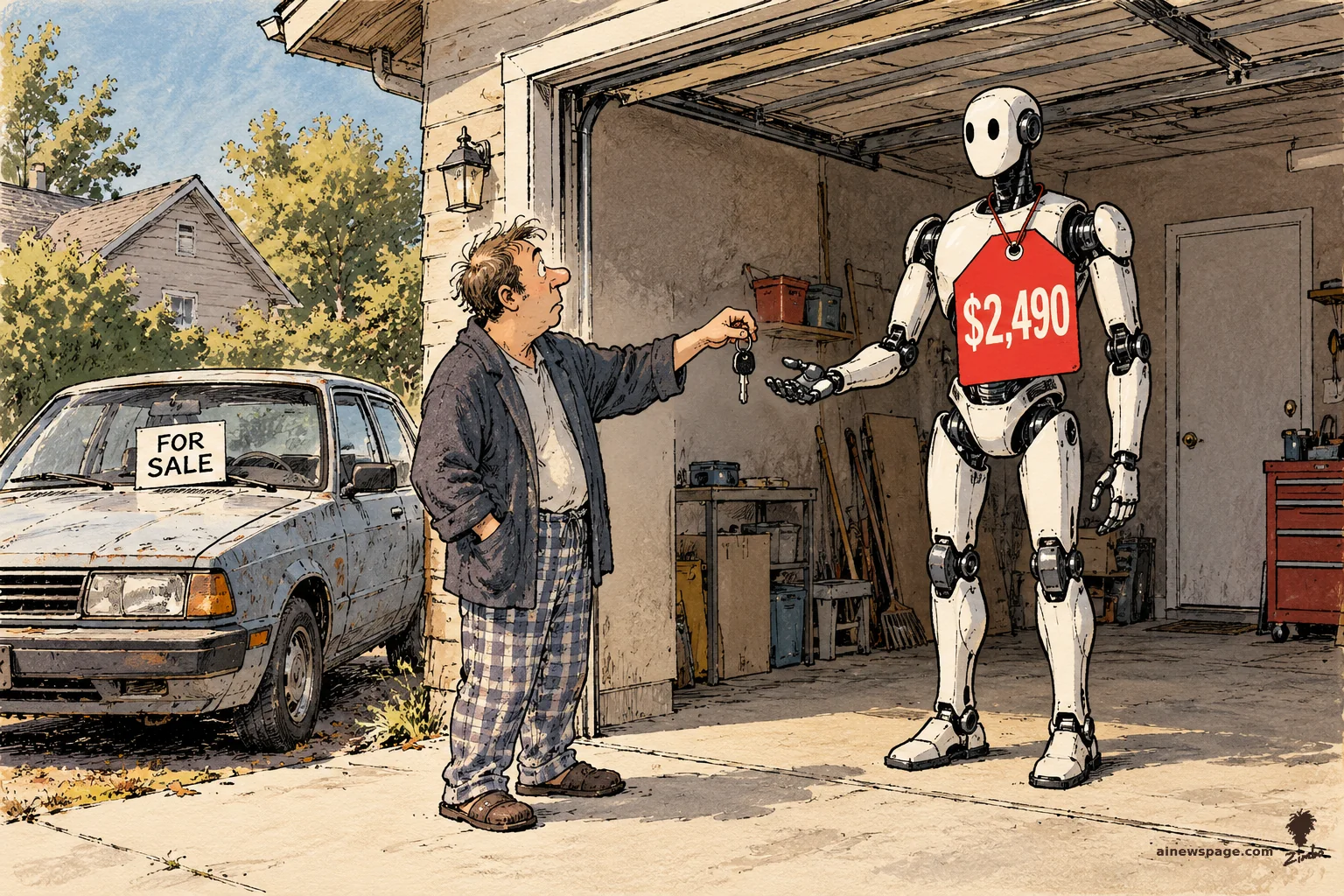 AI cartoon by Zimbo: Satirical cartoon: a man in pajamas hands his car keys to a tall humanoid robot wearing a $2,490 price tag standing in his empty garage, while his battered old car sits in the driveway with a FOR SALE sign.