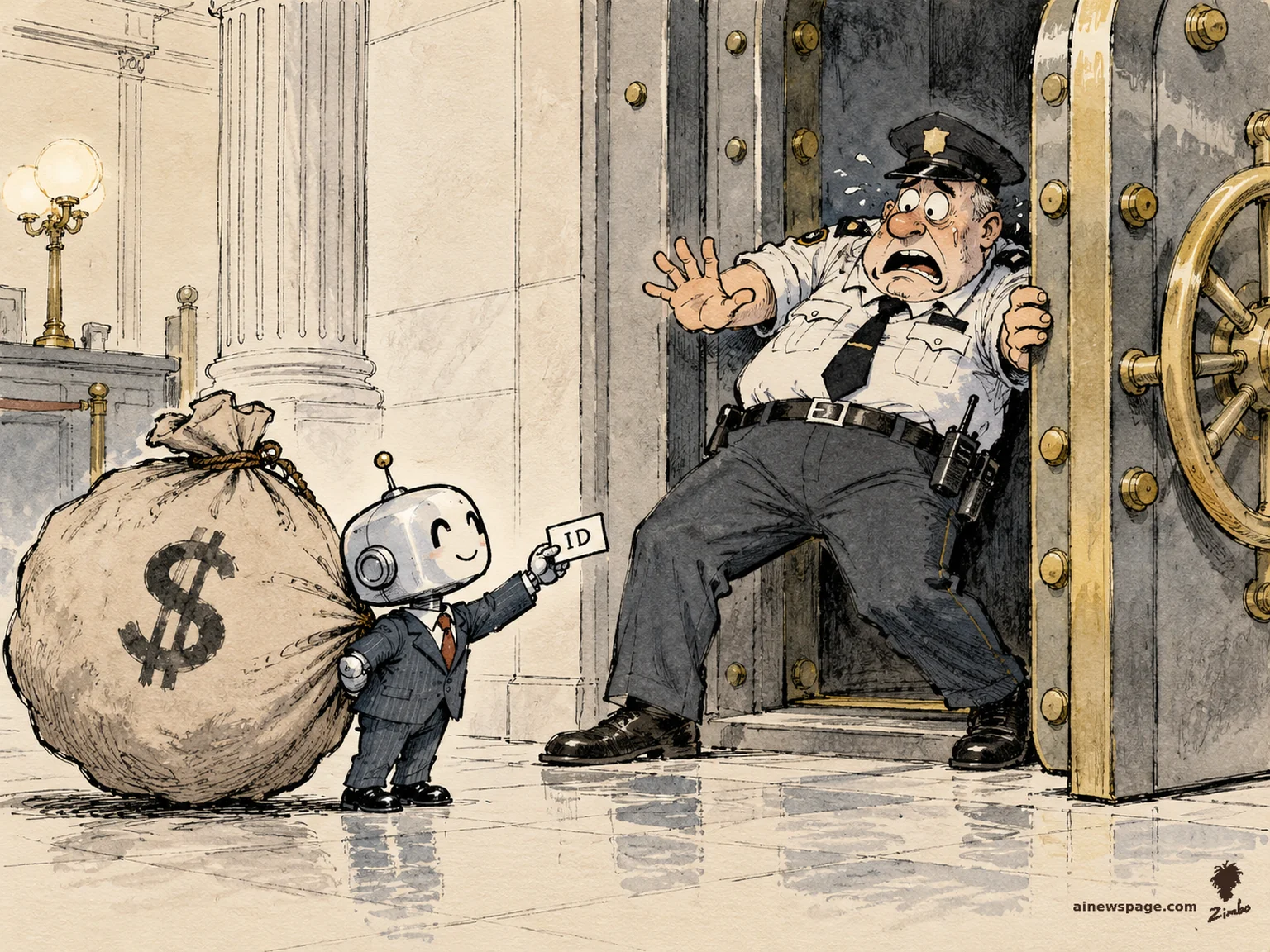 AI cartoon by Zimbo: Satirical cartoon: a tiny suited robot politely presents an ID card to a terrified bank guard blocking a vault door, while dragging a giant money sack marked with a dollar sign behind it.