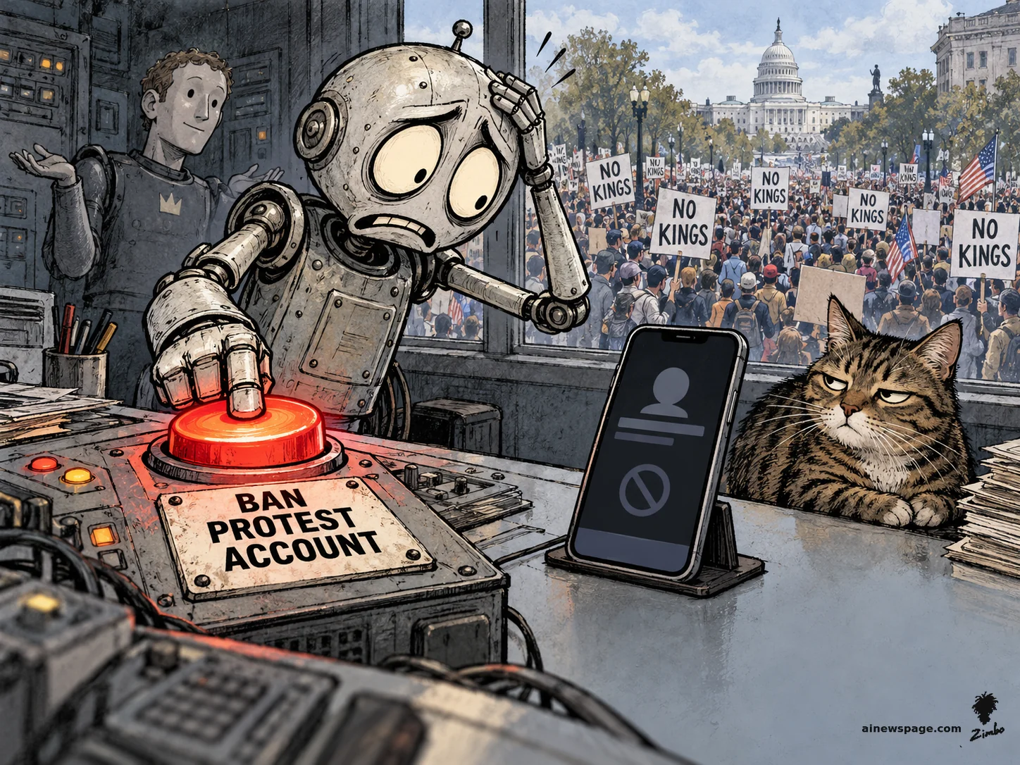 AI cartoon by Zimbo: Merv the worried robot hits a giant red BAN PROTEST ACCOUNT button while a dead Instagram profile flickers on a desk phone; the NO KINGS march rolls past the window as Issue the tabby watches, unimpressed — on Meta suspending the No Kings Instagram mid-protest and blaming an automated error.