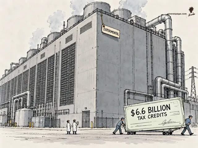 Satirical cartoon: a colossal industrial data center wears a tiny paper tag reading EXPERIMENTAL while two workers wheel away a giant check reading $6.6 BILLION TAX CREDITS on a trolley, watched by two tiny scientists.