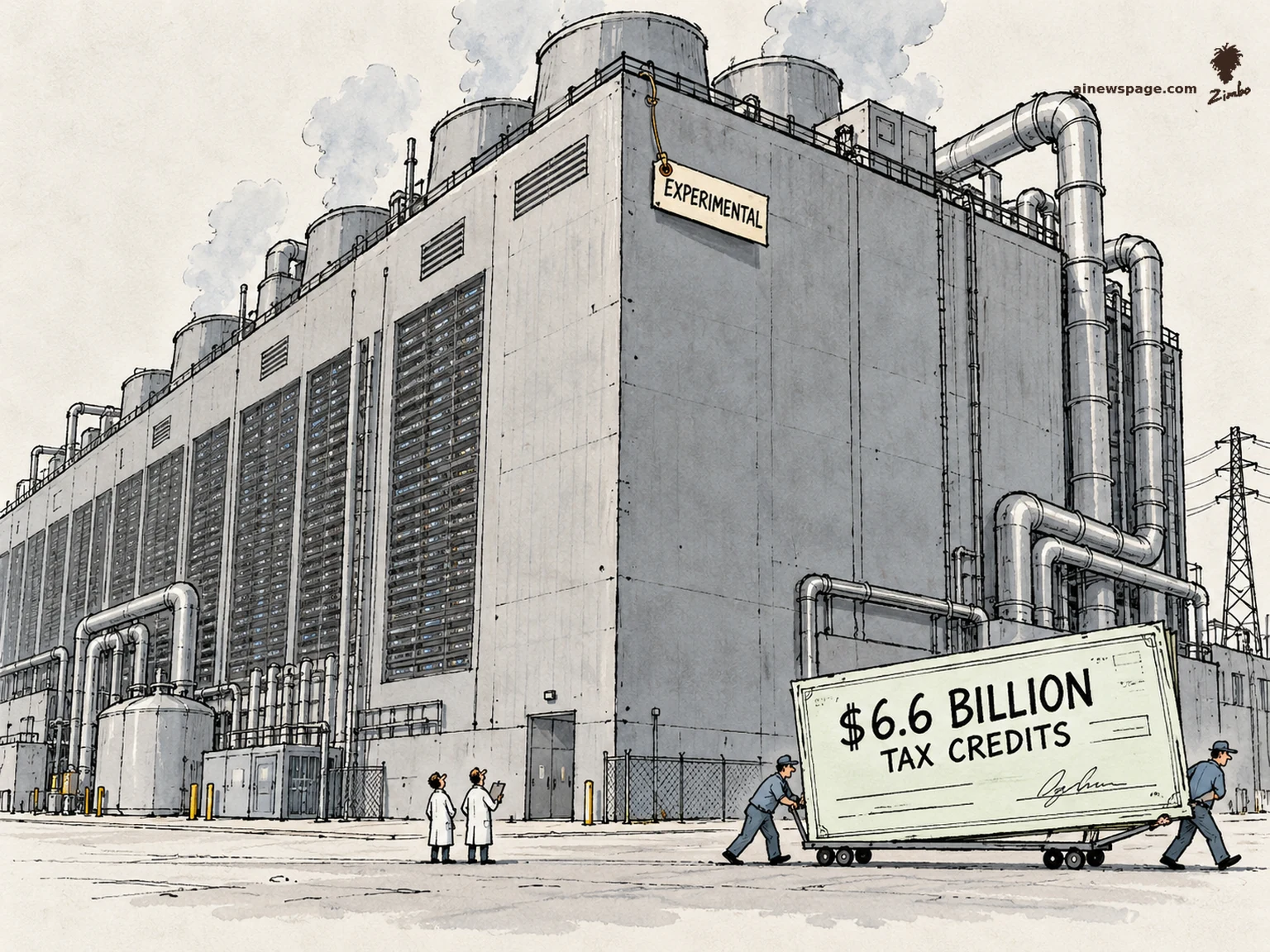 AI cartoon by Zimbo: Satirical cartoon: a colossal industrial data center wears a tiny paper tag reading EXPERIMENTAL while two workers wheel away a giant check reading $6.6 BILLION TAX CREDITS on a trolley, watched by two tiny scientists.