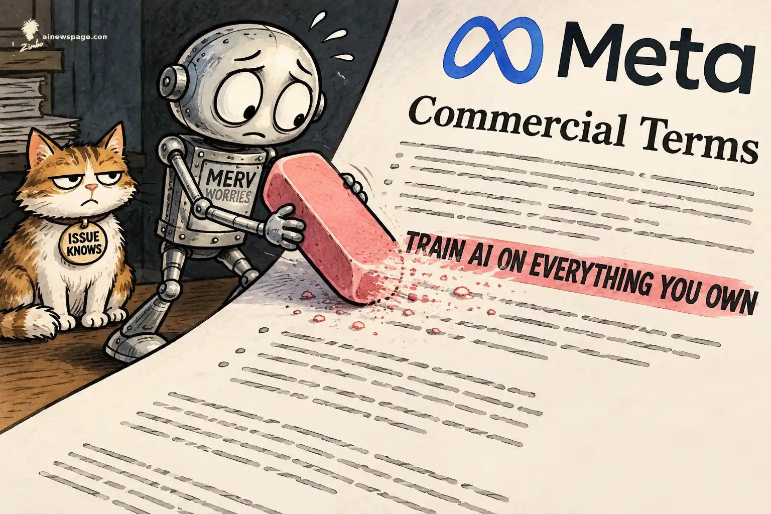 AI cartoon by Zimbo: Worried riveted robot Merv holding a giant pink eraser, sheepishly rubbing out the line 'TRAIN AI ON EVERYTHING YOU OWN' from a giant 'Meta Commercial Terms' page, pink eraser crumbs everywhere; a small brown tabby cat Issue watches unimpressed.