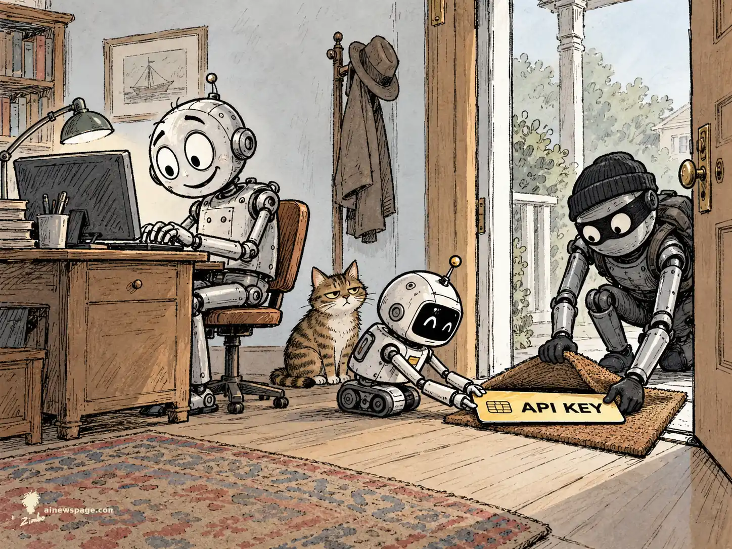 AI cartoon by Zimbo: A delighted robot codes at his desk while his small assistant robot slides a giant gold API KEY credit card under the doormat, where a burglar-masked robot outside lifts the mat to grab it; a knowing tabby cat watches, unimpressed — on OpenCode's disclosure that attackers stole users' AI API keys.