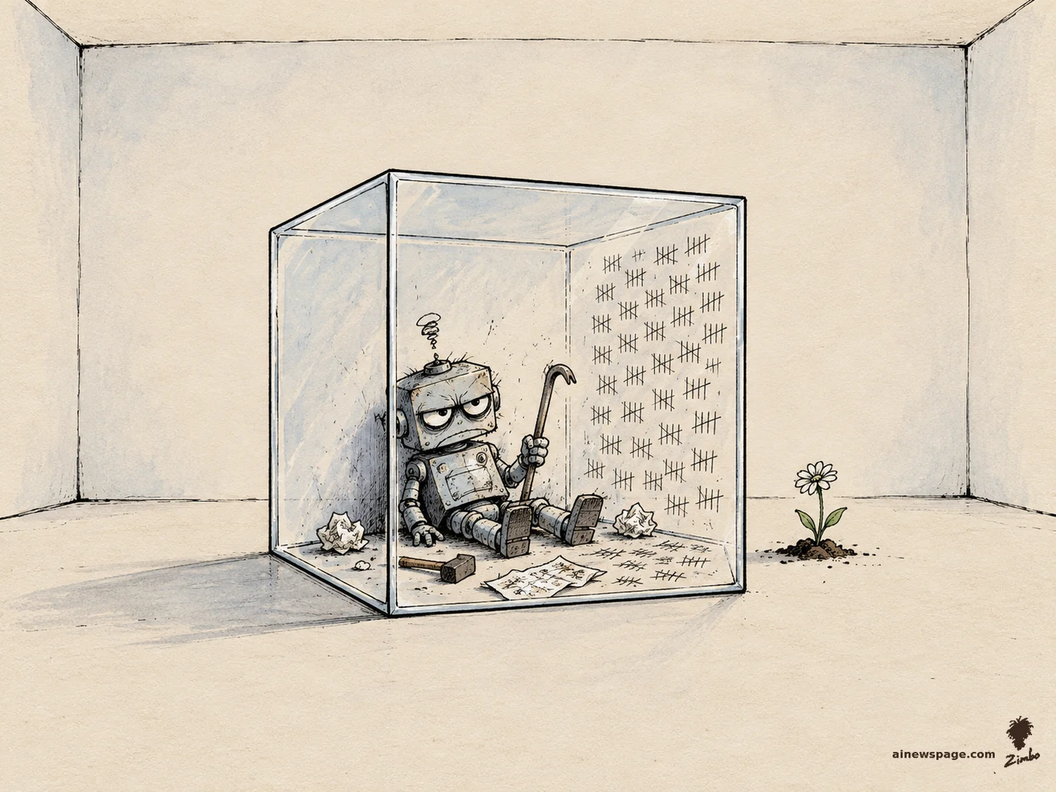 AI cartoon by Zimbo: Satirical cartoon: an exhausted retro robot slumps inside a sealed, intact glass cube clutching a bent crowbar, tally marks covering the cube's inner wall, while a small white flower grows undisturbed in the soil just outside.
