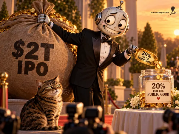 A tuxedoed round-headed robot ladles gold coins labeled 20% FOR THE PUBLIC GOOD into a charity jar for the press cameras, while his other hand clutches a giant burlap money bag labeled $2T IPO. A tabby cat watches, unimpressed.