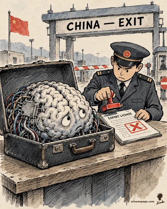 Satirical cartoon: a worried mechanical brain sits in an open suitcase on a customs table under a 'CHINA — EXIT' gate while a uniformed officer stamps an 'EXPORT LICENSE' form with a red X.