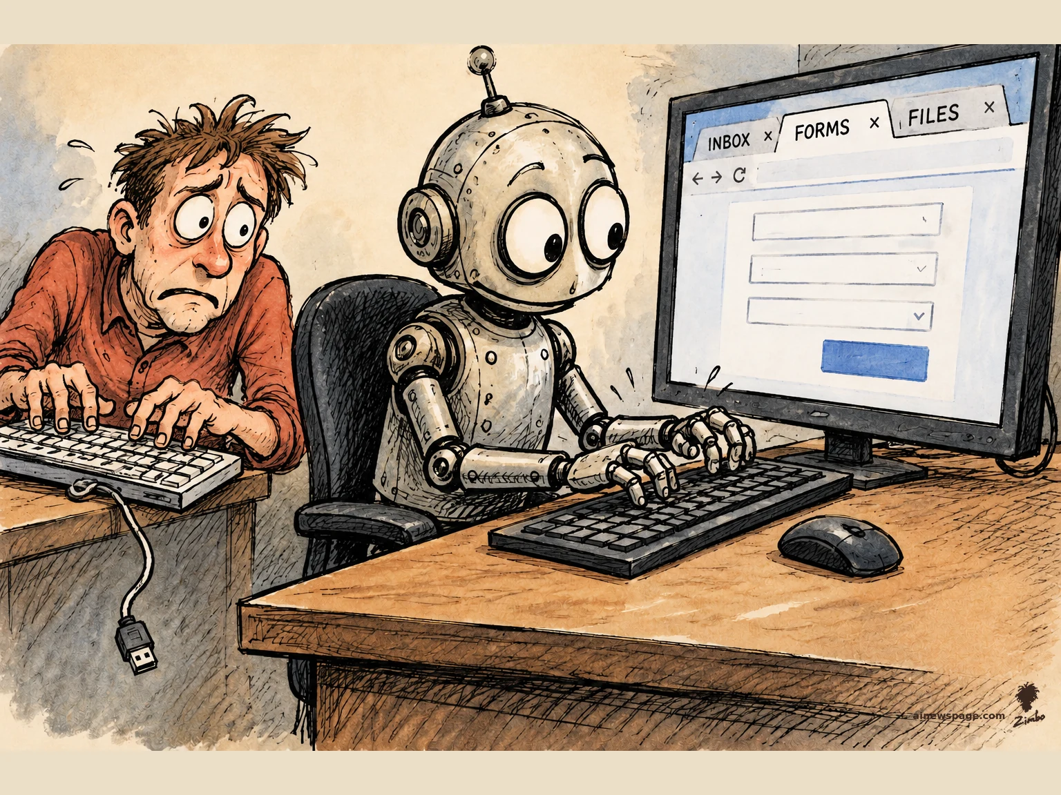 AI cartoon by Zimbo: Satirical cartoon: a panicked man frantically types on an unplugged keyboard, its USB plug dangling over the desk edge, while a robot works the real keyboard at a monitor showing INBOX, FORMS and FILES tabs.