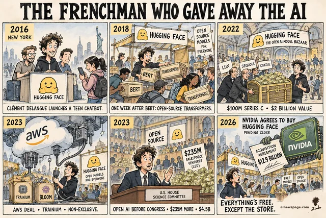 Delangue life strip: 2016 teen chatbot in NYC; 2018 frees BERT a week after Google; 2022 $100M Series C at $2B; 2023 AWS Trainium deal; Congress testimony then $235M at $4.5B; 2026 Nvidia signs a $12.9B deal to buy Hugging Face — EVERYTHING'S FREE. EXCEPT THE STORE.