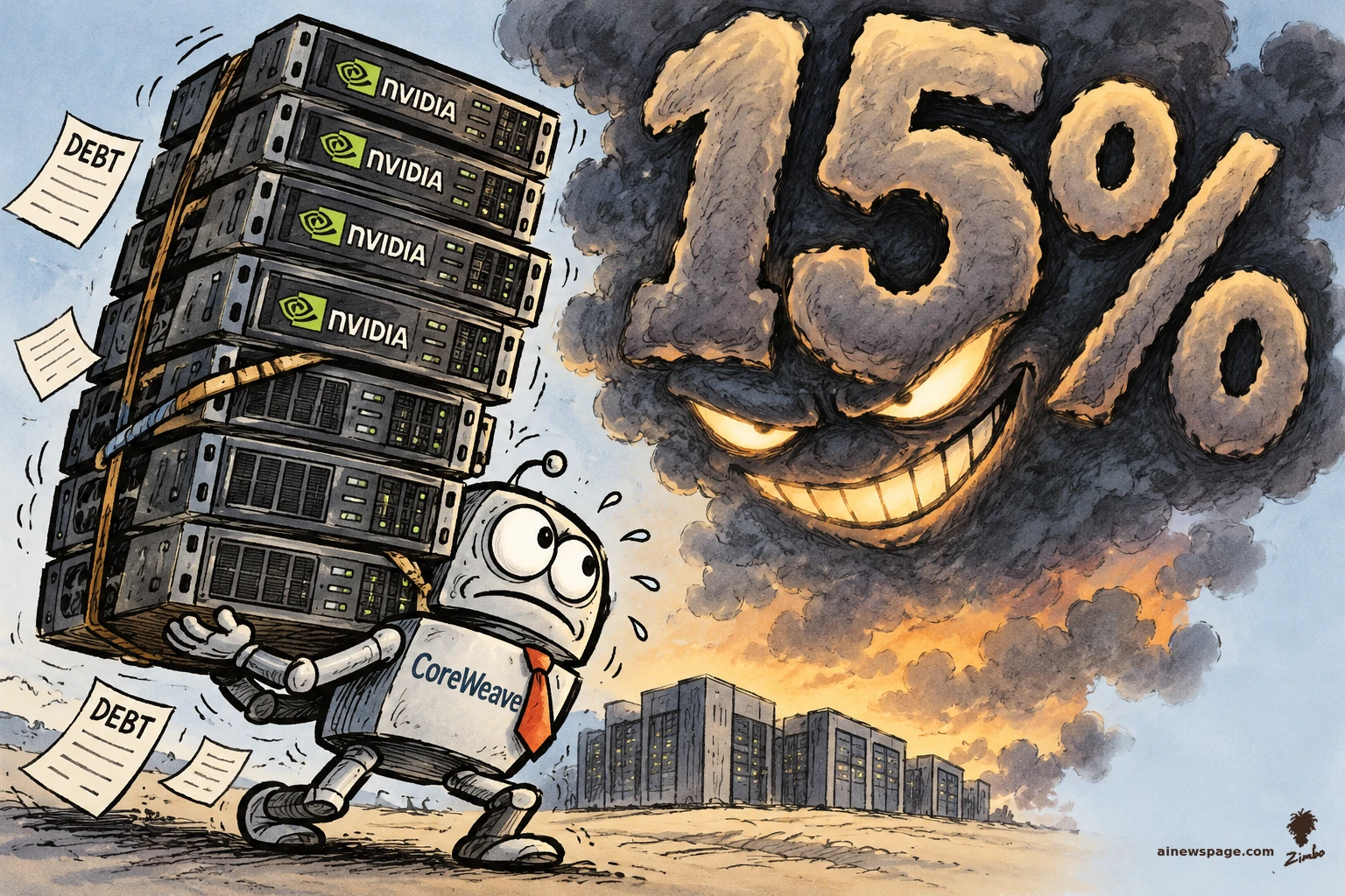 AI cartoon by Zimbo: Merv the worried robot CFO, labeled CoreWeave, strains under a towering stack of NVIDIA GPU servers as DEBT slips fly; a giant grinning '15%' storm cloud looms over him. On CoreWeave's bonds cratering to a ~15% yield as AI debt markets seize up.