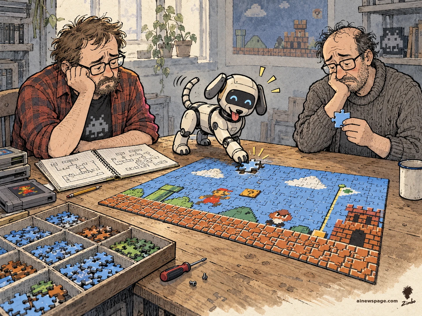 AI cartoon by Zimbo: Satirical cartoon: a cheerful robot dog triumphantly places the final piece of a retro-platformer jigsaw puzzle while two defeated hobbyists watch at a wooden table.