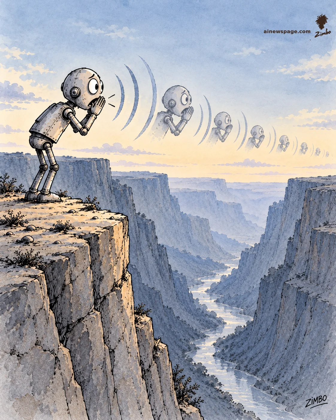 AI cartoon by Zimbo: Merv the anxious robot stands on a canyon cliff at golden hour, hands cupped around his mouth shouting into a vast empty canyon; his echo returns as smaller copies of himself in fading sound waves. The only reply is himself, smaller.