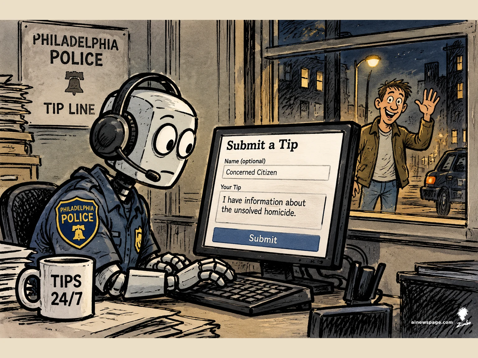 AI cartoon by Zimbo: Satirical cartoon: a robot in a Philadelphia police uniform and dispatch headset solemnly submits a false homicide tip form while, through the night window, the supposed victim stands on the sidewalk visibly alive and waving.