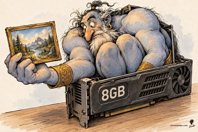 Satirical cartoon: a colossal blue genie crammed inside a tiny graphics card labeled 8GB, one oversized hand protruding to hold a miniature framed landscape painting.
