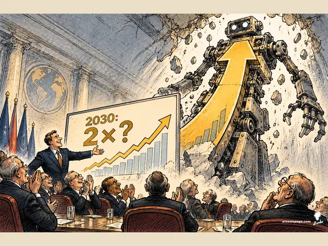 Satirical cartoon: a salesman pitches applauding finance ministers a '2030: 2×?' growth chart while the soaring arrow turns out to be the telescoping neck of a gigantic self-upgrading robot bursting through the ceiling.
