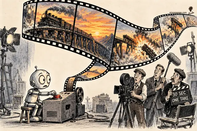 Satirical cartoon: a small anxious robot presses an oversized red button on a shoebox-sized machine while a giant filmstrip of a blockbuster train-explosion scene erupts; three astonished film crew members watch, one holding a '30 SEC ONE TAKE' clapperboard.