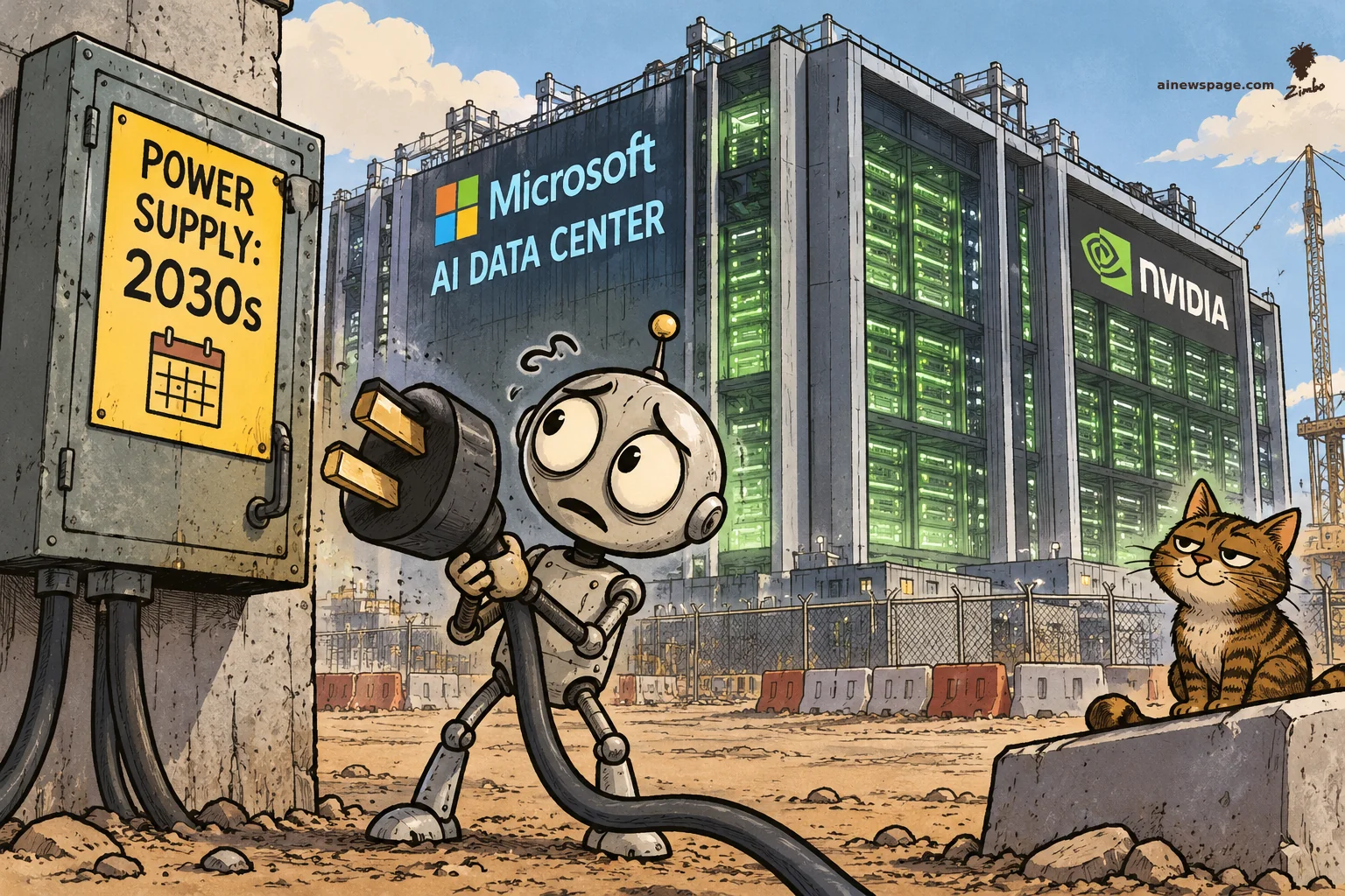 AI cartoon by Zimbo: Merv, the worried round-headed robot, strains to plug a giant plug into nothing - the fuse box says POWER SUPPLY: 2030s. Behind him looms a colossal green data center labeled Microsoft AI Data Center and NVIDIA. Issue the tabby cat watches, unimpressed.