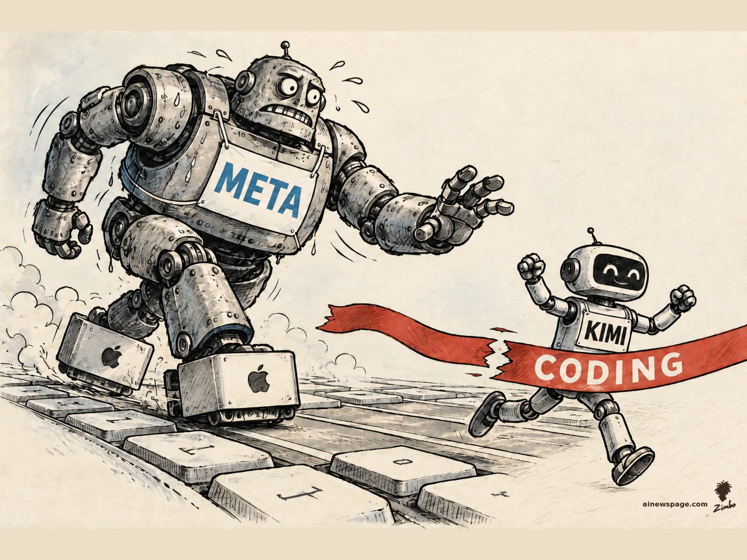 AI cartoon by Zimbo: Satirical cartoon: a giant exhausted META robot wearing two Mac Studios as running shoes lumbers down a keyboard-key racetrack while a small KIMI robot breaks through the red CODING finish-line tape ahead of it.