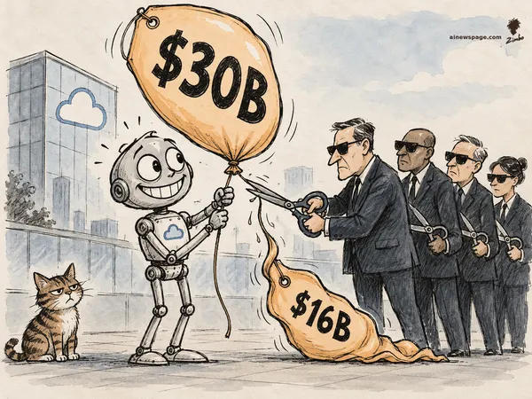 A grinning round-headed robot with a cloud logo holds up a giant orange price-tag balloon reading '$30B' while four dark-suited investors snip it with oversized scissors; the balloon deflates into a sagging '$16B' tag. A tabby cat watches, unimpressed.