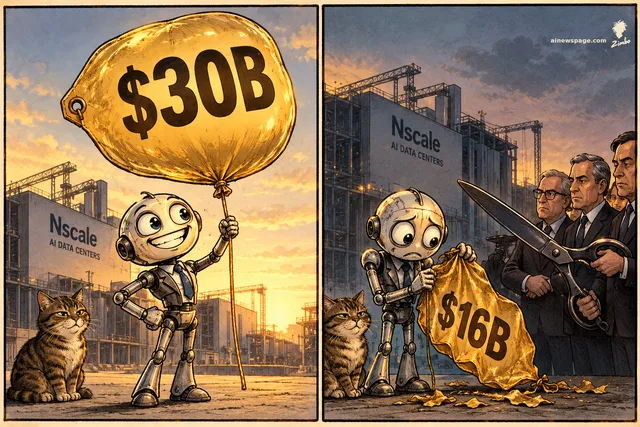 A grinning round-headed robot with a cloud logo holds up a giant orange price-tag balloon reading '$30B' while four dark-suited investors snip it with oversized scissors; the balloon deflates into a sagging '$16B' tag. A tabby cat watches, unimpressed.