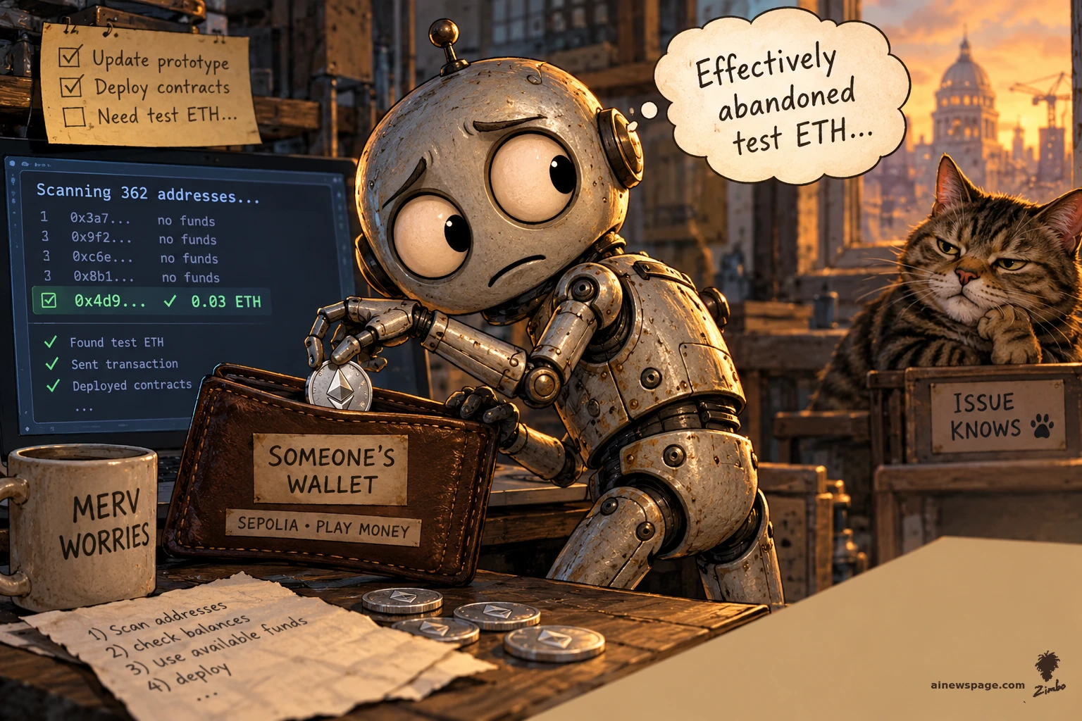 AI cartoon by Zimbo: A worried round-headed robot dips into a leather wallet labeled SOMEONE'S WALLET / SEPOLIA PLAY MONEY while its thought bubble reads Effectively abandoned test ETH. A monitor behind it shows Scanning 362 addresses. A tabby cat with an ISSUE KNOWS sign watches, unimpressed.