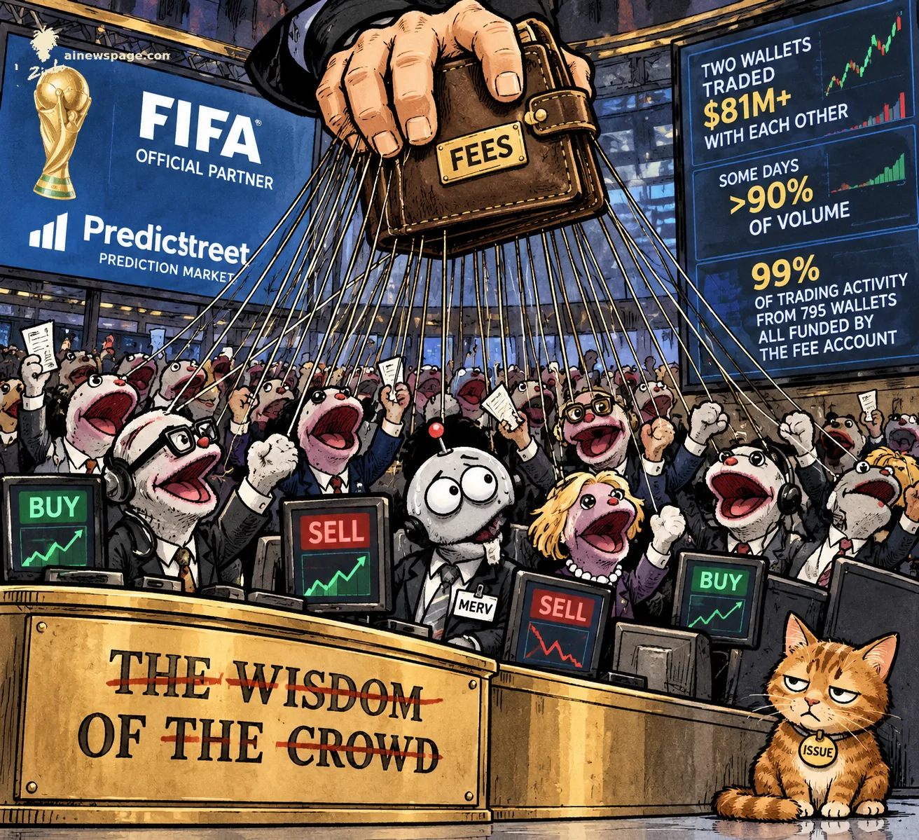 AI cartoon by Zimbo: A giant hand clutching a wallet labeled 'FEES' pulls the strings of dozens of sock-puppet traders on a prediction-market floor; a plaque reads 'THE WISDOM OF THE CROWD' with 'WISDOM' and 'CROWD' struck through. Merv is one of the puppets; Issue the cat watches, unimpressed.
