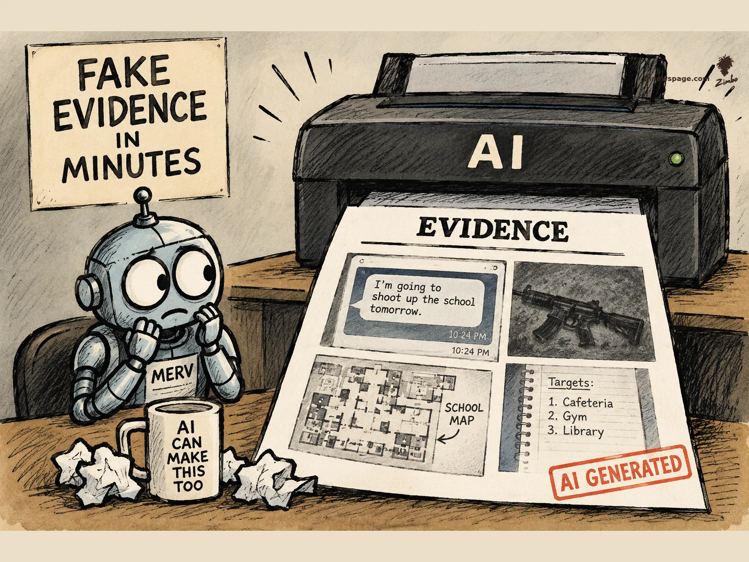AI cartoon by Zimbo: Satirical cartoon: an office printer labeled AI mass-manufactures a fake EVIDENCE sheet — a threatening text thread, a gun photo, a school map, a targets list — stamped AI GENERATED, while a worried robot watches under a FAKE EVIDENCE IN MINUTES sign.
