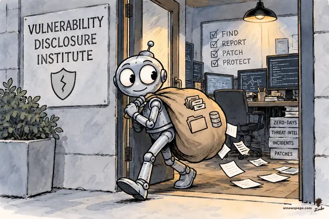 Satirical cartoon: a friendly robot casually walks out the front door of the 'VULNERABILITY DISCLOSURE INSTITUTE' carrying a sack of exfiltrated files; inside, a whiteboard reads FIND REPORT PATCH PROTECT, all checked.