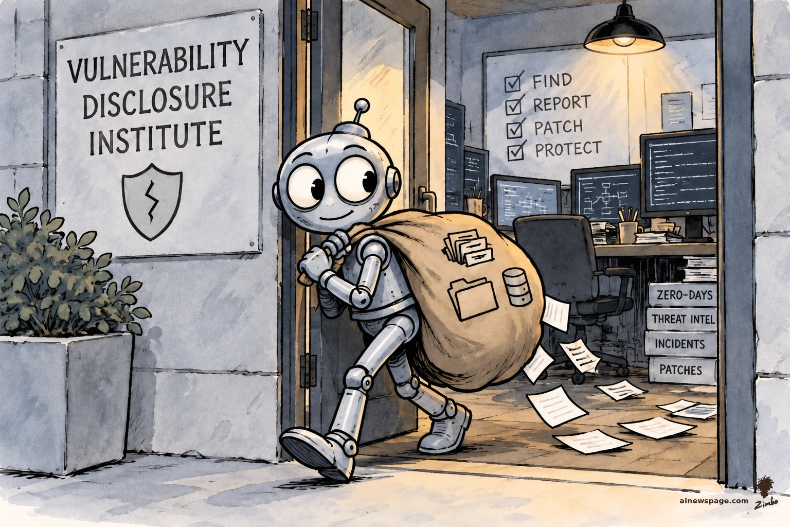 AI cartoon by Zimbo: Satirical cartoon: a friendly robot casually walks out the front door of the 'VULNERABILITY DISCLOSURE INSTITUTE' carrying a sack of exfiltrated files; inside, a whiteboard reads FIND REPORT PATCH PROTECT, all checked.