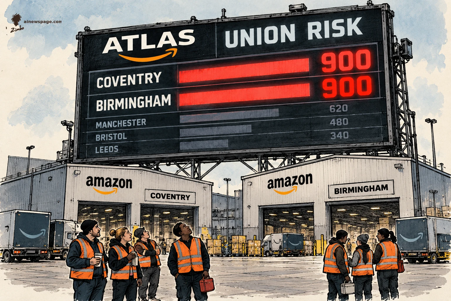 AI cartoon by Zimbo: Satirical cartoon: a giant ATLAS UNION RISK scoreboard ranks Amazon warehouses — COVENTRY 900, BIRMINGHAM 900 — while workers in orange vests look up.